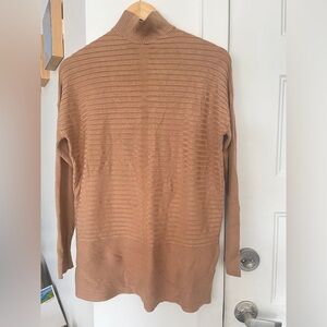 Beige mock neck horizontal ribbed long sweater